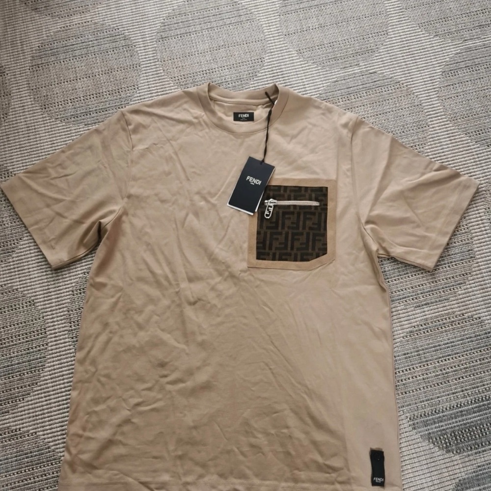 Fendi Beige T-Shirt with Patterned Pocket